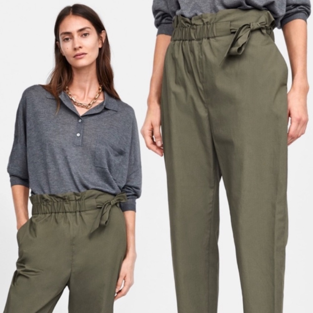 ZARA Olive Green High Rise Side Tie Cropped Pants